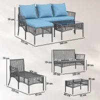 Outsunny Conjunto de Jardim Exterior de Vime com Sofá de 2 Lugares, Chaise Longue e Mesa de Centro com Vidro Temperado Azul Claro(m-3)