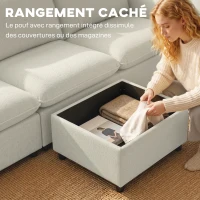 HOMCOM Canapé 3 places avec pouf de rangement, canapé d'angle modulable 212 cm, coussins à ressorts, tissu en lin, crème(m-6)