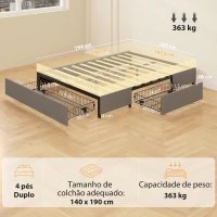 HOMCOM Cama de Casal 140x190 cm Estrado com 3 Gavetas e Estrutura Metálica Suporta 363 kg Cinza(m-3)