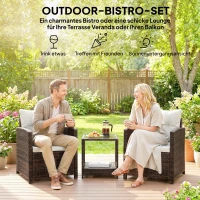 Outsunny Rattan Bistroset, 3 teiliges Gartenmöbel-Set mit 2 Sessel, 2-Ebene Glastisch, abnehmbar Sitzkissen Cremeweiß(m-4)