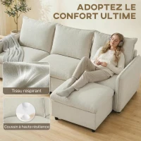 HOMCOM Canapé 3 places avec pouf de rangement, canapé d'angle modulable 212 cm, coussins à ressorts, tissu en lin, crème(m-4)