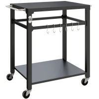 Outsunny Outdoor-Grillwagen, Pizzaofen-Stand mit Metalloberfläche, 2-stufige rollende Küchenstation mit Haken und Griff, Schwarz(m-1)