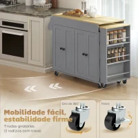 HOMCOM Ilha de Cozinha com Rodas Tampo Extensível Carrinho de Cozinha com 4 Portas Prateleiras Ajustáveis Estante Lateral Aberta Cinza(m-8)