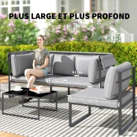 Outsunny Salon de jardin extérieur 4 pièces modulaire avec canapé, fauteuil et table basse en verre trempé, coussins inclus, gris(m-6)