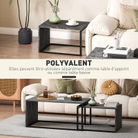 HOMCOM Lot de 2 tables basses gigognes design industriel encastrable en métal noir et effet marbre gris foncé(m-6)