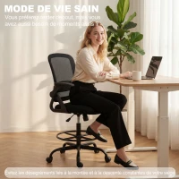 HOMCOM Chaise de bureau en maille, chaise d'ordinateur avec accoudoirs rabattables, hauteur réglable, repose-pieds, noir(m-4)