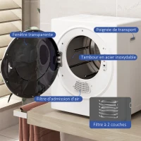 HOMCOM Sèche-Linge électrique portable 850W, capacité 33L 4 modes de fonctionnement, acier inoxydable, 49L x 40,5l x 60H cm(m-5)