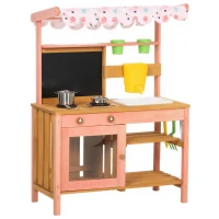 AIYAPLAY Kids Mud Kitchen with Canopy, Outdoor Wooden Play Kitchen with Planter Box, Accessories for Age 3-6, Pink(m-11)