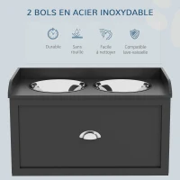 PawHut Gamelle Double Chien Chat - Porte-Gamelles Surélevé Rangement 2 en 1 - Tiroir, 2 Gamelles - Acier Inox MDF Noir(m-6)