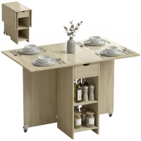 HOMCOM Mesa de comedor plegable para 2-4 personas, mesa con ruedas y compartimento abierto y cajón, ideal para espacios pequeños, natural(m-6)