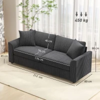 HOMCOM Sofá de 3 Plazas Tapizado en Pana con 2 Almohadas Reposabrazos y Cojín de Muelles 212x80x88 cm Gris Oscuro(m-3)