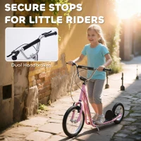 HOMCOM Kids Scooter, Teen Kick Scooter with Rubber Wheels, 16" Front Wheel, Height Adjustable Handlebar, Dual Brakes, Kick Stand, for 5+ Years, Pink(m-6)
