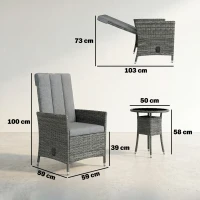 Outsunny Rattan Bistro Set, Reclining Garden Chairs and Glass Coffee Table with Cushions for Patio Balcony Porch, Grey(m-3)