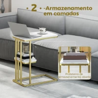HOMCOM Mesa Auxiliar Estrutura em C Mesa Auxiliar Estreita de 2 Níveis com Prateleira 50x30x57,5 cm Branco Efeito Mármore(m-5)