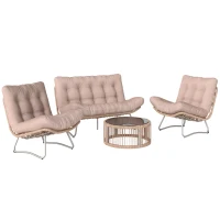 Outsunny Set de muebles de jardín 4 piezas Poliratán Lounge con sofá 2 plazas, 2 sillones, mesa de cristal, asiento ancho y profundo, cojines gruesos(m-1)