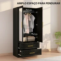 HOMCOM Roupeiro com Espelho 2 Portas e 2 Gavetas Relevo de Diamante Barra para Pendurar Estilo Moderno 80x50x180 cm Preto(m-4)
