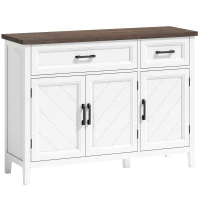 HOMCOM Bufet pentru living, mobilier de depozitare cu 3 uși cu model chevron, 2 sertare și 2 rafturi reglabile, 110 x 35 x 80,5 cm, alb(m-1)