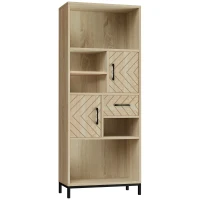 HOMCOM Librería Estantería para Libros CDs DVDs con 5 Compartimentos Cajón 2 Armarios de Puerta y Dispositivo Antivuelco 60x30x150 cm Madera Natural(m-1)