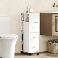 HOMCOM Meuble de salle de bain à roulettes, meuble de rangement étroit, 3 tiroirs, 5 compartiments ouverts,  20x40x80cm, blanc(m-2)