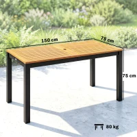 Outsunny Table à manger de jardin en bois pour 6 personnes avec surface à lattes Orifice 150x75x75 cm Naturel(m-3)
