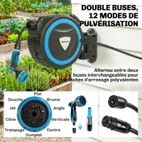 Outsunny Enrouleur Tuyau Arrosage Mural 14+1,5 m avec Verrou et Adaptateurs, Pivotant à 180°, 12 Pulvérisations, 49x15x37cm, Bleu(m-7)