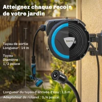 Outsunny Enrouleur Tuyau Arrosage Mural 14+1,5 m avec Verrou et Adaptateurs, Pivotant à 180°, 12 Pulvérisations, 49x15x37cm, Bleu(m-4)