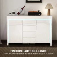 HOMCOM Buffet salon, meuble de rangement avec éclairage LED 4 tiroirs portes à fermeture douce 120 x 34 x 80 cm, blanc brillant(m-5)