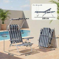 Outsunny Conjunto de 2 Cadeiras de Praia Dobráveis com Toldo Ajustável, Encosto Reclinável em 6 Posições e Apoio de Cabeça, Azul e Branco(m-3)