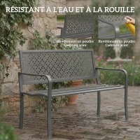 Outsunny Banc d'extérieur en métal, 2 places, avec dossier géométrique antirouille et accoudoirs, gris foncé(m-4)