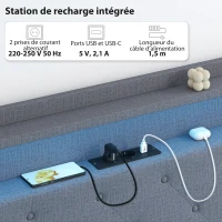 HOMCOM Cadre de lit 140 x 190 cm avec sommier acier, lit 2 personnes flottant avec lumières LED RGB et station de charge, gris(m-6)