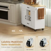 HOMCOM Rollbare Kücheninsel, ausklappbare Arbeitsfläche, Soft-Close-Schranktüren, Schubladen, Handtuchhalter, MDF, Weiß(m-7)