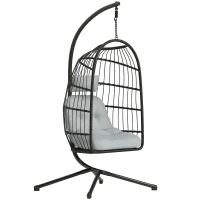 Outsunny Hängesessel Ei mit Gestell Klappbarer Korb Kissen Nackenstütze Höhenverstellbar Kette Belastung 120 kg Hellgrau(m-1)