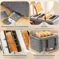 HOMCOM Toaster für 4 Scheiben mit 7 Bräunungsstufen, High-Lift, Aufwärm-/Auftau-/Abbruchs-Funktion, Graue Wellenoptik(m-7)