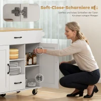 HOMCOM Rollbare Kücheninsel, ausklappbare Arbeitsfläche, Soft-Close-Schranktüren, Schubladen, Handtuchhalter, MDF, Weiß(m-6)