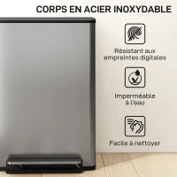 HOMCOM Poubelle cuisine 50L, poubelle à pédale, seau intérieur amovible, couvercle à fermeture douce, 41,7x36,6x62cm, argent(m-6)
