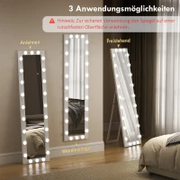 HOMCOM Ganzkörperspiegel 150x40 cm LED Spiegel mit 24 Glühbirnen 3 Lichtfarbe, freistehend oder anlehnbar Weiß(m-6)