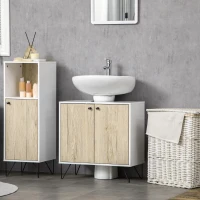 kleankin Meuble sous lavabo, meuble de salle de bain avec 2 portes, pieds en acier, 60 x 30 x 60 cm, blanc et bois naturel(m-10)