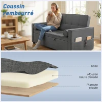HOMCOM Canapé convertible 2 places 3 en 1 canapé-lit avec lit gigogne double dossier réglable 2 coussins 80,5x137,5x84cm gris(m-6)