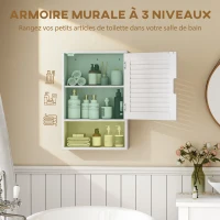 HOMCOM Armoire murale de salle de bain avec porte à lattes, étagère réglable et compartiment ouvert, 40x20x60cm, blanc(m-4)