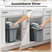 HOMCOM Ausziehbarer Mülleimer, Küchenmüllbehälter mit 2 herausnehmbaren Eimern, Griff, 30 Liter (20 L+10 L), Metall, Grau(m-4)