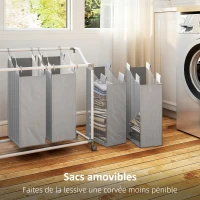 HOMCOM Panier à linge mobile, chariot linge sale, corbeille à roulettes avec 4 sacs amovibles, 4 x 40L, 97 x 38 x 81 cm, gris(m-5)