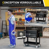 HOMCOM Chariot d'atelier, servante d'atelier sur roulettes avec plateau coulissant, tiroirs verrouillables, 130x38x80cm, noir(m-6)