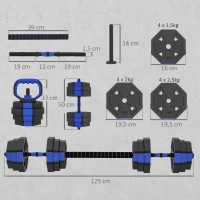 SPORTNOW Ensemble d'haltères musculation 6-en-1 haltère réglable 25 kg kettlebell, barre de musculation support pour pompes bleu(m-3)