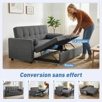 HOMCOM Canapé convertible 2 places 3 en 1 canapé-lit avec lit gigogne double dossier réglable 2 coussins 80,5x137,5x84cm gris(m-4)