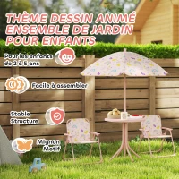 AIYAPLAY Ensemble salon de jardin extérieur enfant 4 pièces, motif arc-en-ciel et fleur, parasol réglable Ø 100cm, chaise pliable(m-7)