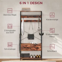 HOMCOM Garderobe mit Schuhregal, Mantelständer mit Sitzbank, 10 Haken, 2 Stoffschubladen, Kleiderstange, Spanplatte, Metall, Braun(m-4)