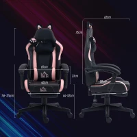 HOMCOM Gaming-Sessel mit Katzenohren, neigbare Lehne, ausziehbare Fußstütze, bis 120 kg, Rosa/Schwarz(m-3)