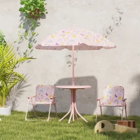 AIYAPLAY Ensemble salon de jardin extérieur enfant 4 pièces, motif arc-en-ciel et fleur, parasol réglable Ø 100cm, chaise pliable(m-10)