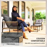 Outsunny Ensemble salon de jardin 4 pièces canapé 2 places 2 fauteuils et 1 table basse plateau verre trempé 3 coussins - gris(m-5)