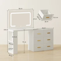 HOMCOM Schminktisch mit verstellbarem LED-Spiegel, Steckdosen, 6 Schubladen, 2 offene Regale, Weiß(m-3)